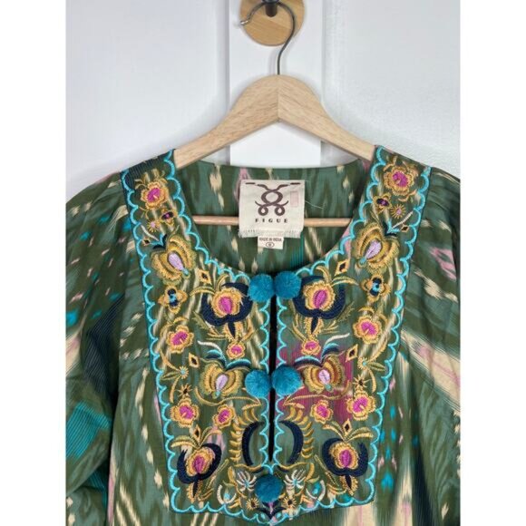 NEW Figue Josie Embroidered Short Bohemian Pom Pom Long Sleeve Green Mini Dress - Picture 5 of 10